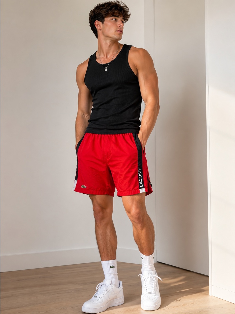 Lacoste Red Athletic Shorts with Black Side Stripes